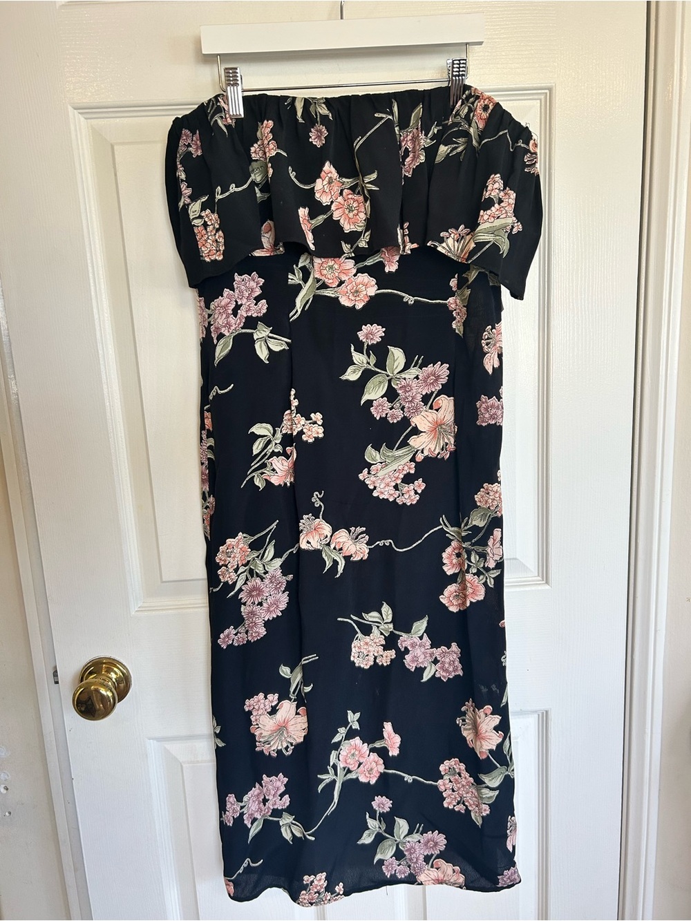 Flynn Skye Black Strapless Midi Dress with Pink Floral Print Size L